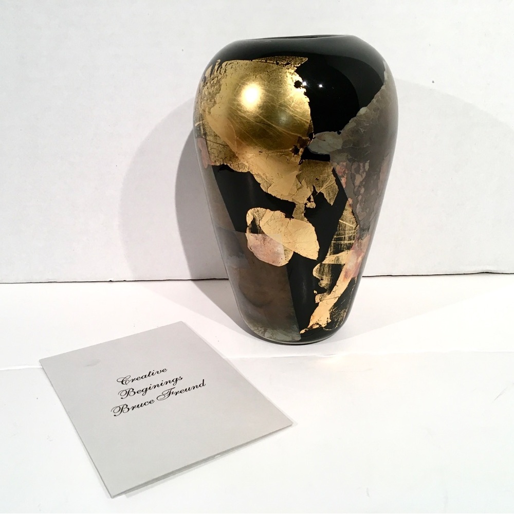 Vintage 1992 Bruce Freud Studio Art Glass Vase Black/Metallic Foil 8.75”H